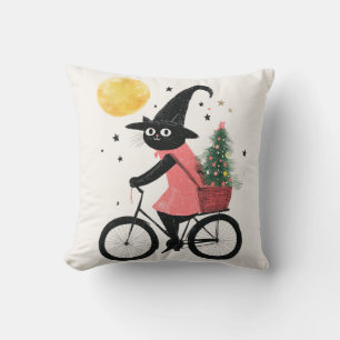 Witch Black Cat Cycling Quirky & Spooky Christmas Throw Pillow