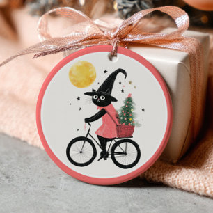Witch Black Cat Cycling Xmas Tree Witchy Christmas Ceramic Ornament
