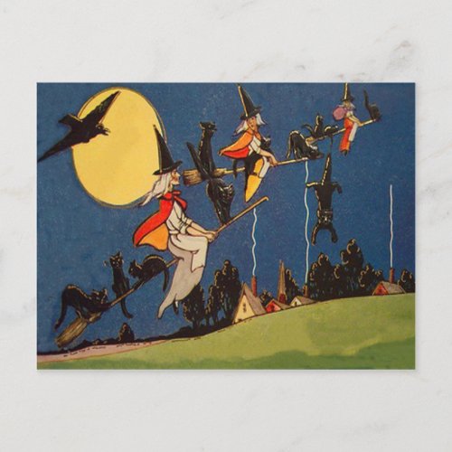 Witch Black Cat Flying Moon Crow Postcard