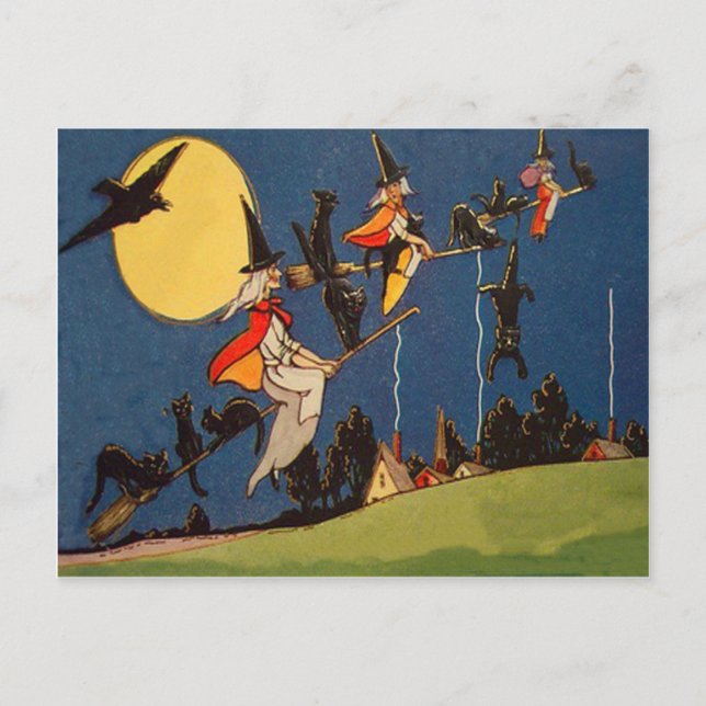 Witch Black Cat Flying Moon Crow Postcard (Front)