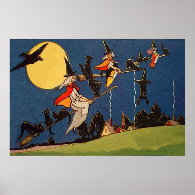 Witch Black Cat Flying Moon Crow Poster (Front)