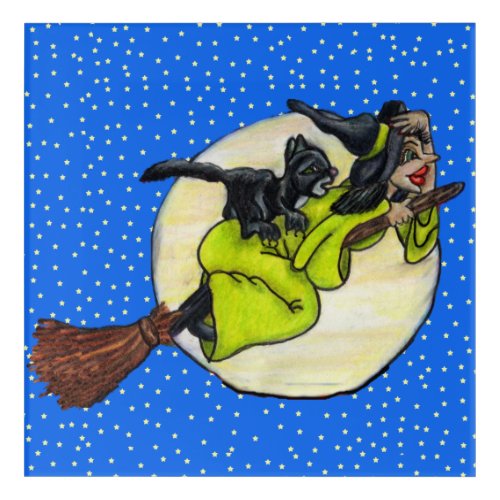 Witch Black Cat Flying Past Moon Stars Broom Acrylic Print