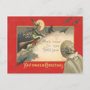 Witch Black Cat Full Moon Bat Tree Woman Night Postcard