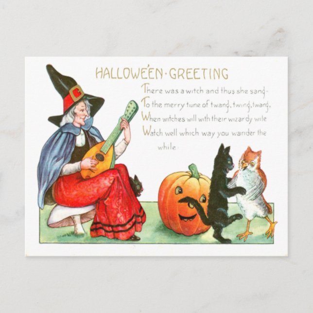 Witch Black Cat Guitar Jack O Lantern Owl Postcard (Front)
