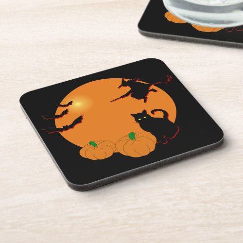 Witch Black Cat Halloween Harvest Moon Beverage Coaster