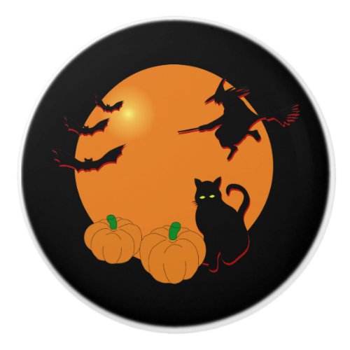 Witch Black Cat Halloween Harvest Moon Ceramic Knob
