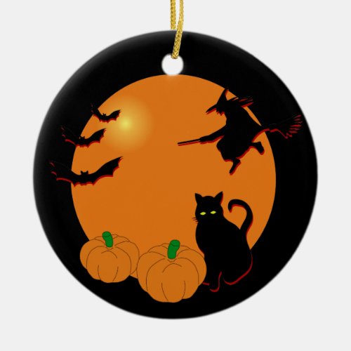 Witch Black Cat Halloween Harvest Moon Ceramic Ornament