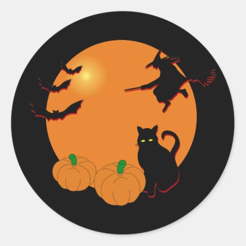 Witch Black Cat Halloween Harvest Moon Classic Round Sticker
