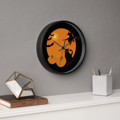 Witch Black Cat Halloween Harvest Moon Clock