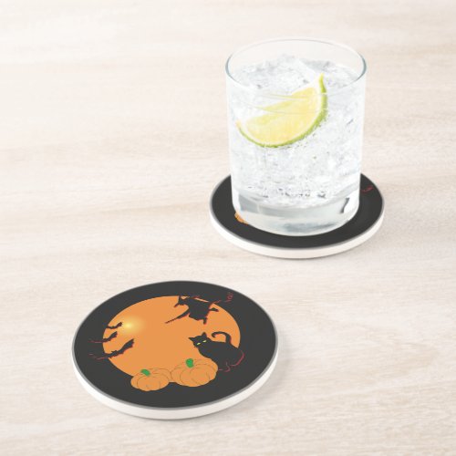 Witch Black Cat Halloween Harvest Moon Coaster