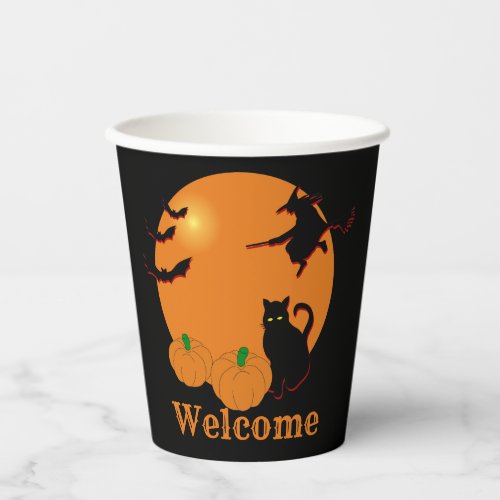 Witch Black Cat Halloween Harvest Moon Paper Cups
