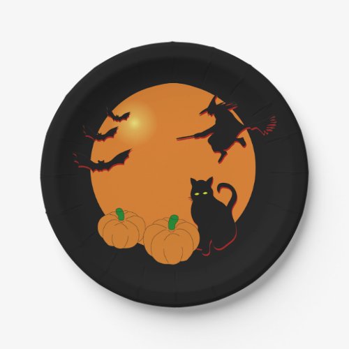 Witch Black Cat Halloween Harvest Moon Paper Plates