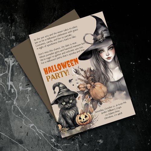 Witch Black Cat Halloween Party Poem Invitation