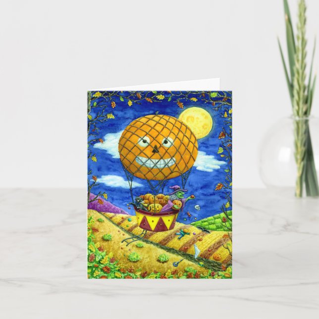 WITCH, BLACK CAT IN HOT AIR BALLOON FOLK ART Blank Holiday Card (Front)