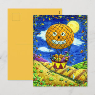 WITCH, BLACK CAT IN HOT AIR BALLOON FOLK ART HUMOR HOLIDAY POSTCARD