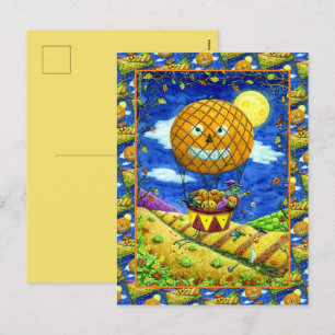 WITCH, BLACK CAT IN HOT AIR BALLOON FOLK ART HUMOR HOLIDAY POSTCARD