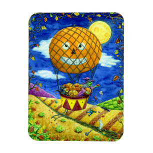 WITCH, BLACK CAT IN HOT AIR BALLOON FOLK ART HUMOR MAGNET