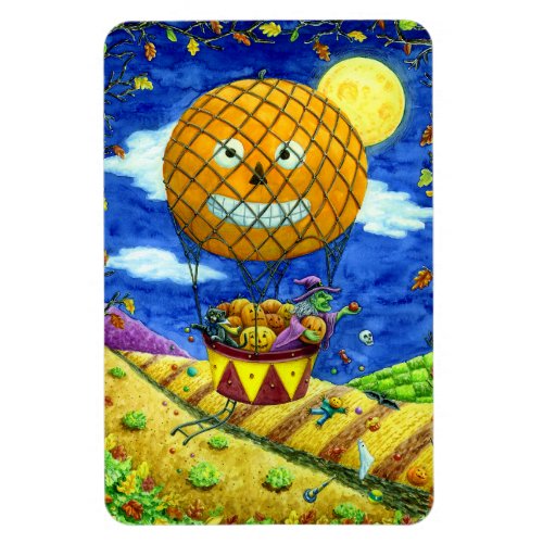 WITCH BLACK CAT IN HOT AIR BALLOON FOLK ART HUMOR MAGNET