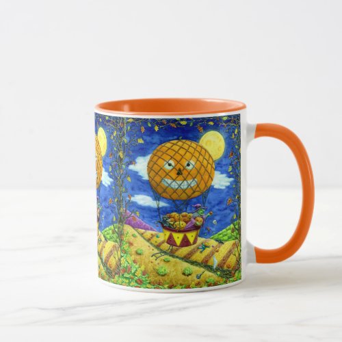 WITCH BLACK CAT IN HOT AIR BALLOON FOLK ART HUMOR MUG