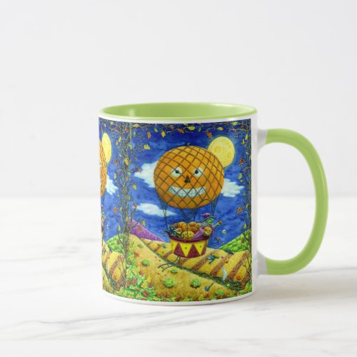 WITCH BLACK CAT IN HOT AIR BALLOON FOLK ART HUMOR MUG