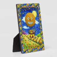 WITCH, BLACK CAT IN HOT AIR BALLOON FOLK ART HUMOR PLAQUE