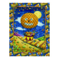 WITCH, BLACK CAT IN HOT AIR BALLOON FOLK ART HUMOR POSTER