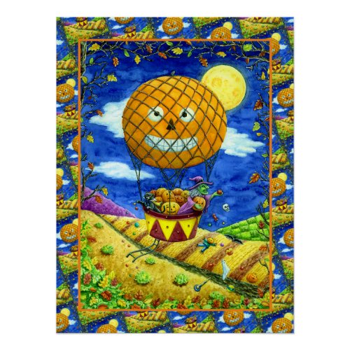WITCH BLACK CAT IN HOT AIR BALLOON FOLK ART HUMOR POSTER
