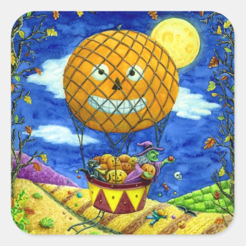 WITCH BLACK CAT IN HOT AIR BALLOON FOLK ART HUMOR SQUARE STICKER
