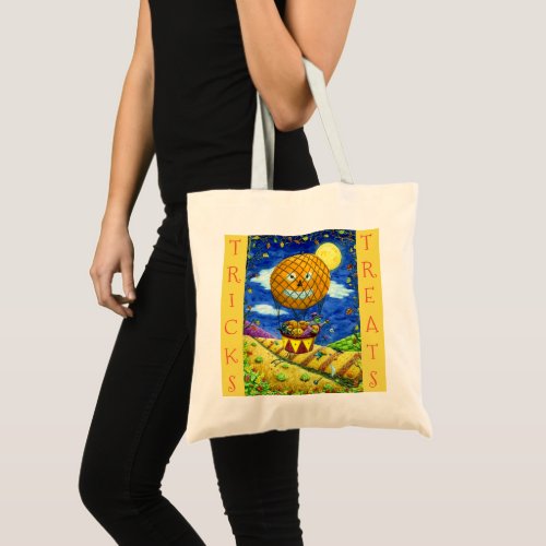 WITCH BLACK CAT IN HOT AIR BALLOON FOLK ART HUMOR TOTE BAG