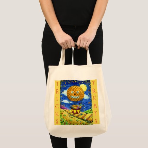 WITCH BLACK CAT IN HOT AIR BALLOON FOLK ART HUMOR TOTE BAG