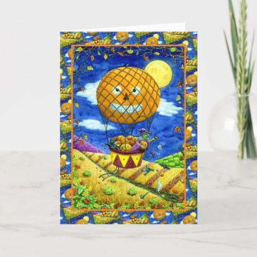 WITCH BLACK CAT IN HOT AIR BALLOON FOLK ART Verse Holiday Card