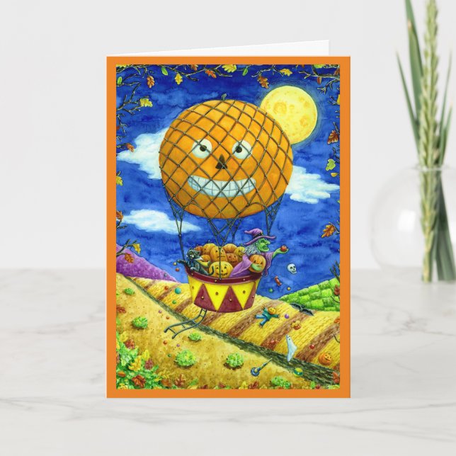 WITCH, BLACK CAT IN HOT AIR BALLOON FOLK ART Verse Holiday Card (Front)