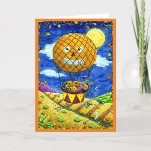 WITCH BLACK CAT IN HOT AIR BALLOON FOLK ART Verse Holiday Card
