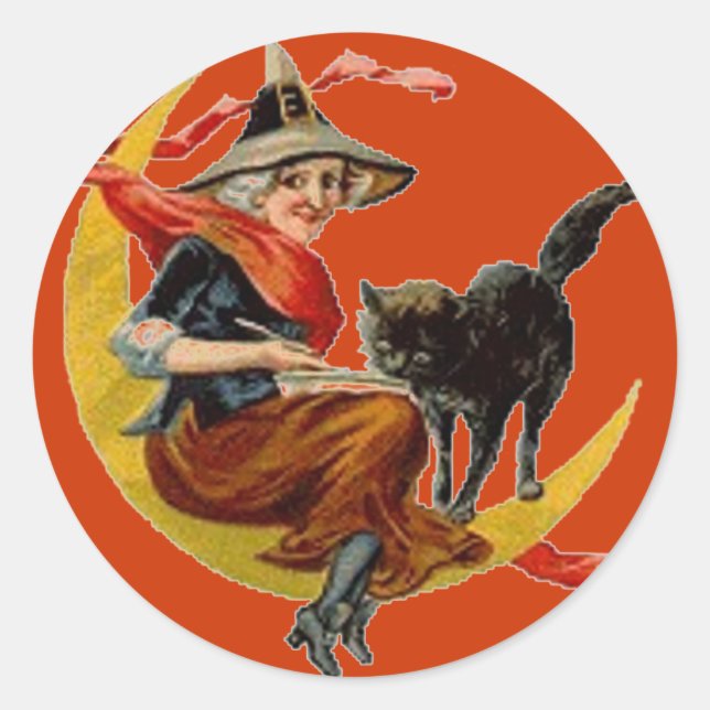 Witch & Black Cat on Moon - Halloween Sticker (Front)