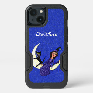 Witch Black Cat On White Crescent Moon Blue Sky iPhone 13 Case