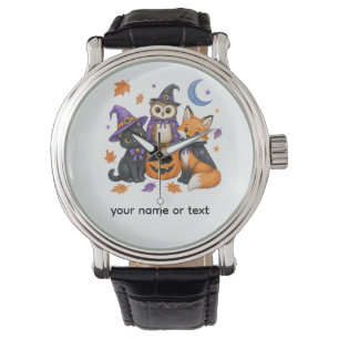 Witch Black Cat Owl Fox Pumpkin Art Watch