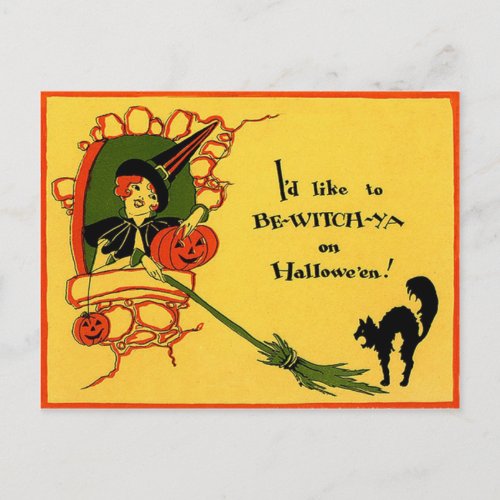 Witch Black Cat Pumpkin Vintage Halloween Postcard
