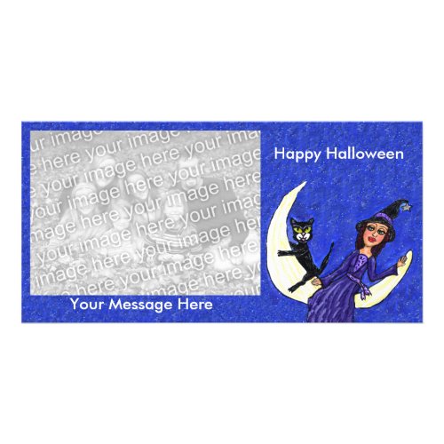 Witch Black Cat Sitting on white Crescent Moon Card