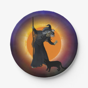 Witch & Black Cat with Orange Moon Paper Plates