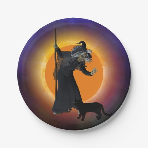 Witch  Black Cat with Orange Moon Paper Plates