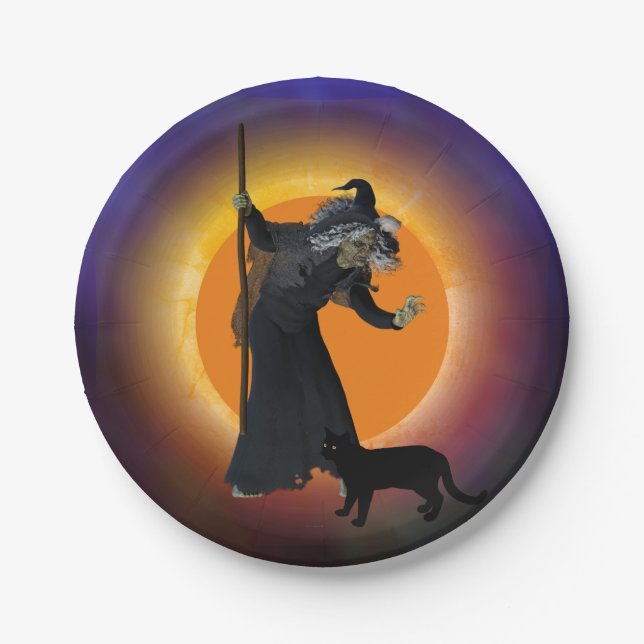 Witch & Black Cat with Orange Moon Paper Plates (Front)