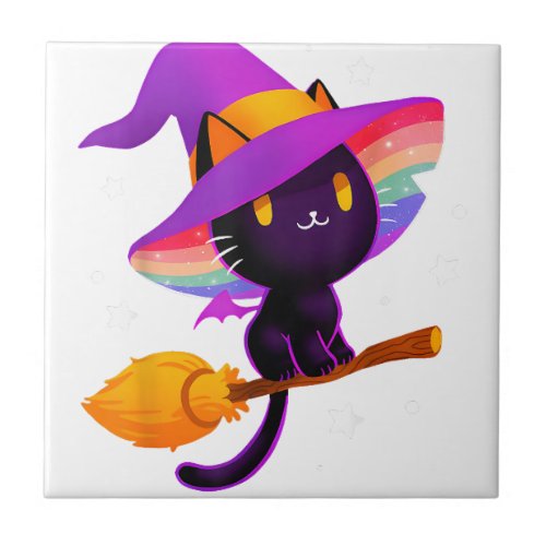 Witch Black Cat With Rainbow Hat And Magic Broom L Ceramic Tile