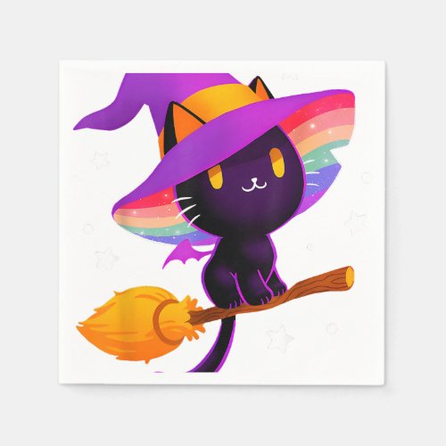 Witch Black Cat With Rainbow Hat And Magic Broom L Napkins