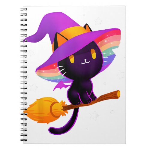 Witch Black Cat With Rainbow Hat And Magic Broom L Notebook