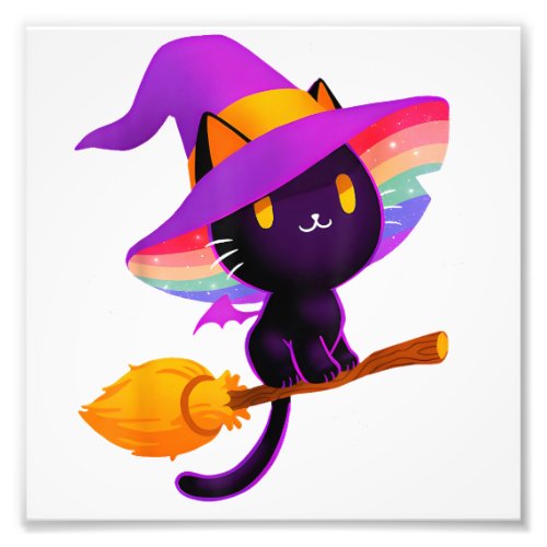 Witch Black Cat With Rainbow Hat And Magic Broom L Photo Print