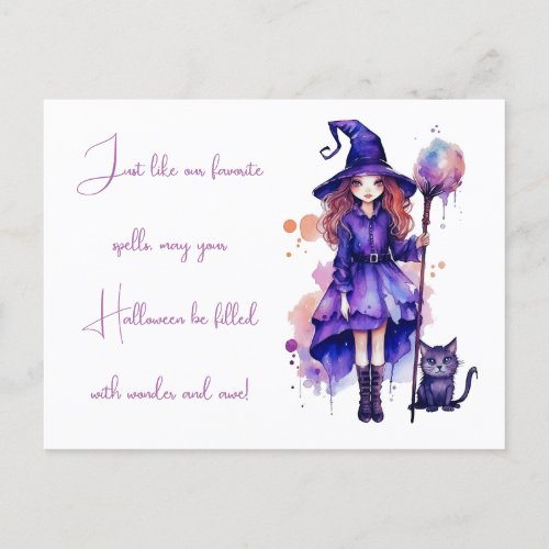 Witch Black Cat Wonder and Awe Halloween Holiday Postcard