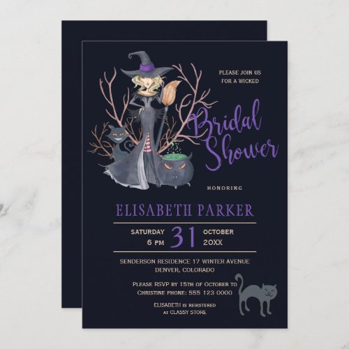 Witch black cats Halloween bridal shower party Invitation
