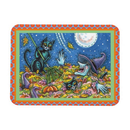 WITCH  BLACK CATS RAKING LEAVES FUNNY HALLOWEEN MAGNET