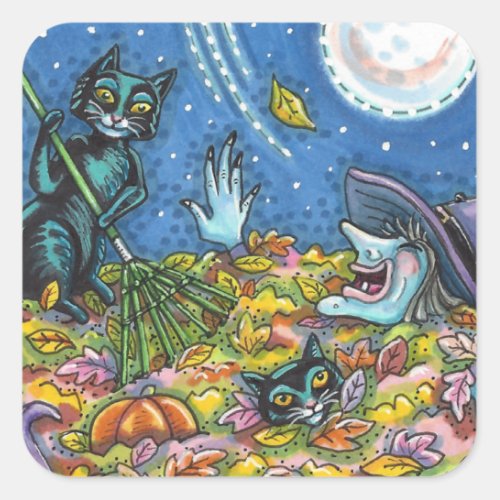 WITCH  BLACK CATS RAKING LEAVES FUNNY HALLOWEEN SQUARE STICKER