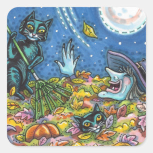 WITCH & BLACK CATS RAKING LEAVES, FUNNY HALLOWEEN SQUARE STICKER